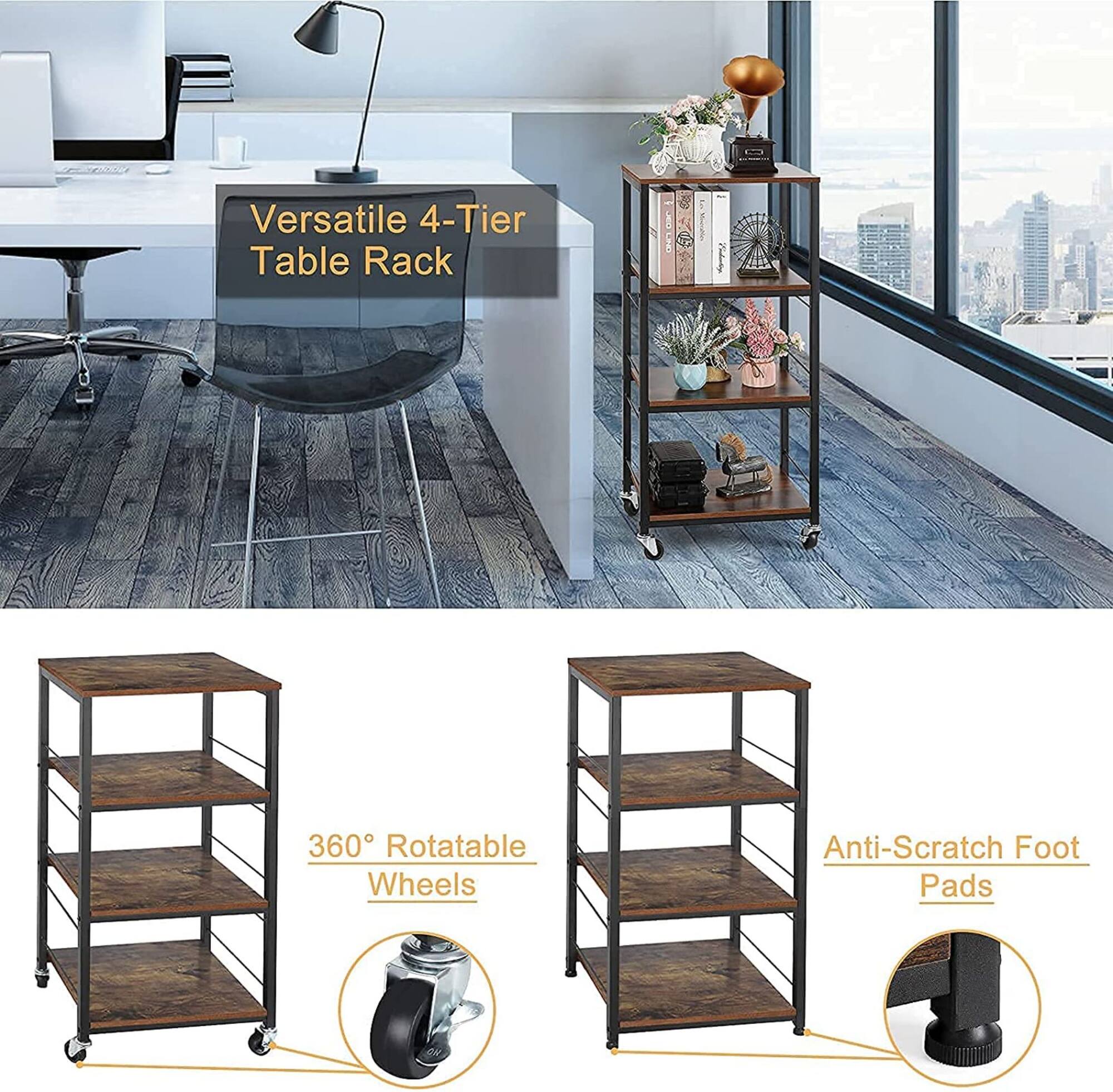 Rustic Brown 4-Tier Utility Cart Rolling Kitchen Storage Cart Wood Top